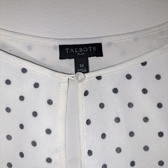 Talbots Plus Women 1X White Black Polka Dot Pleated Ruffle Sleeve Keyhole Blouse - Picture 7 of 7